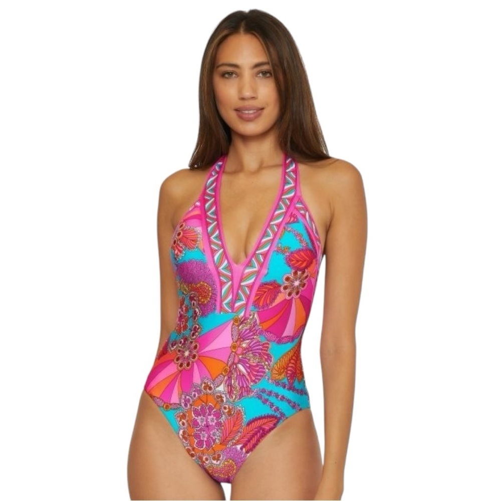 Trina Turk Meilani Border Halter Plunge One Piece Swimsuit Size 12 NEW